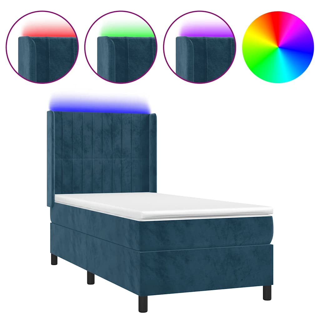 Κρεβάτι Boxspring με Στρώμα & LED Σκ. Μπλε 90x200 εκ. Βελούδινο - Pakobazaar
