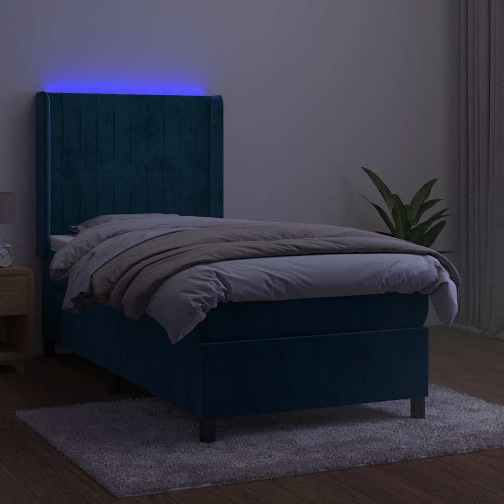 Κρεβάτι Boxspring με Στρώμα & LED Σκ. Μπλε 90x200 εκ. Βελούδινο - Pakobazaar