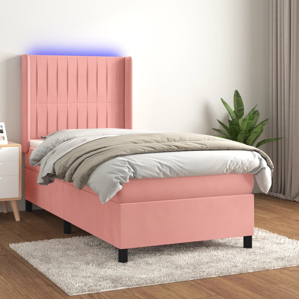 Κρεβάτι Boxspring με Στρώμα & LED Ροζ 90x200 εκ. Βελούδινο
