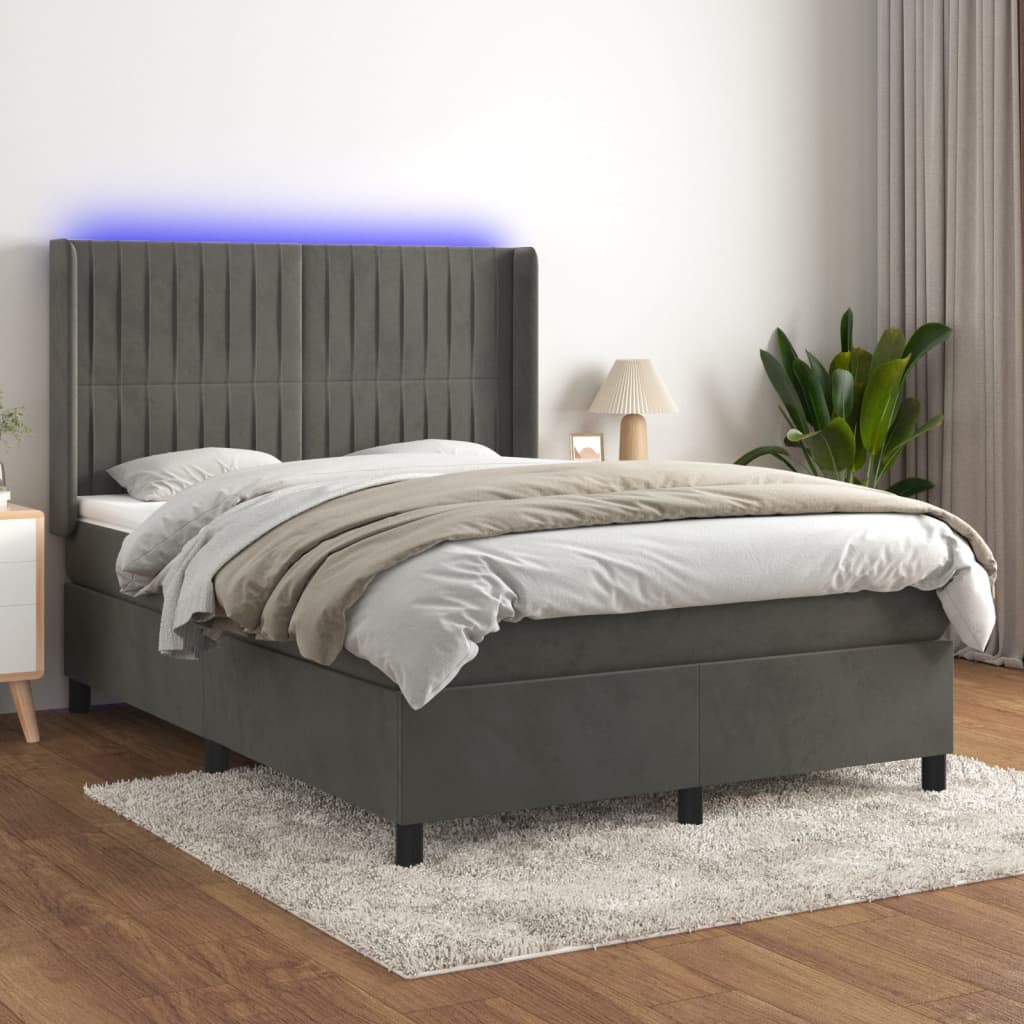 Κρεβάτι Boxspring με Στρώμα & LED Σκ. Γκρι 140x190εκ. Βελούδινο