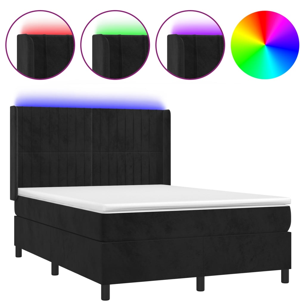 Κρεβάτι Boxspring με Στρώμα & LED Μαύρο 140x200 εκ. Βελούδινο