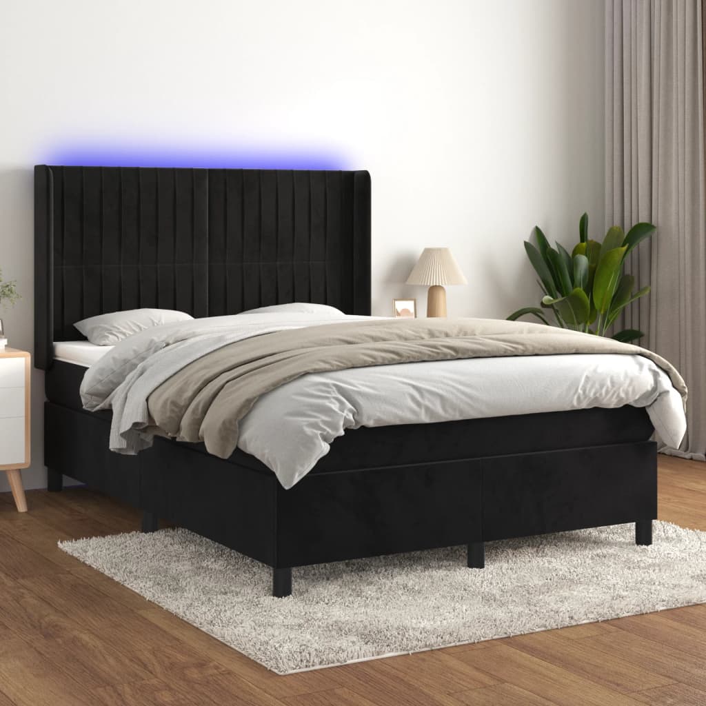 Κρεβάτι Boxspring με Στρώμα & LED Μαύρο 140x200 εκ. Βελούδινο