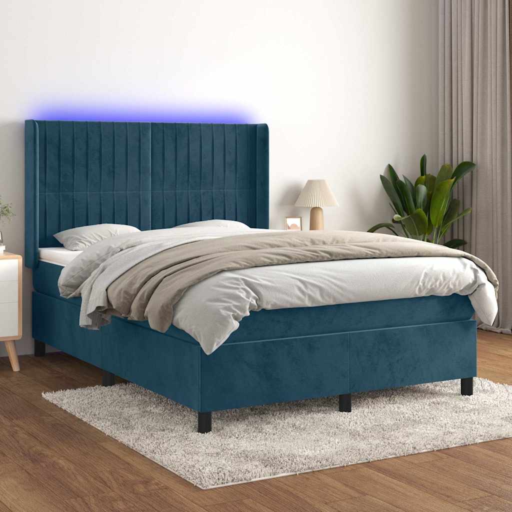 Κρεβάτι Boxspring με Στρώμα & LED Σκ. Μπλε 140x200εκ. Βελούδινο - Pakobazaar