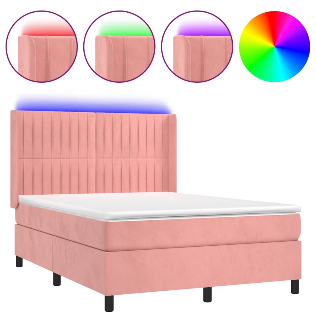 Κρεβάτι Boxspring με Στρώμα & LED Ροζ 140x200 εκ. Βελούδινο