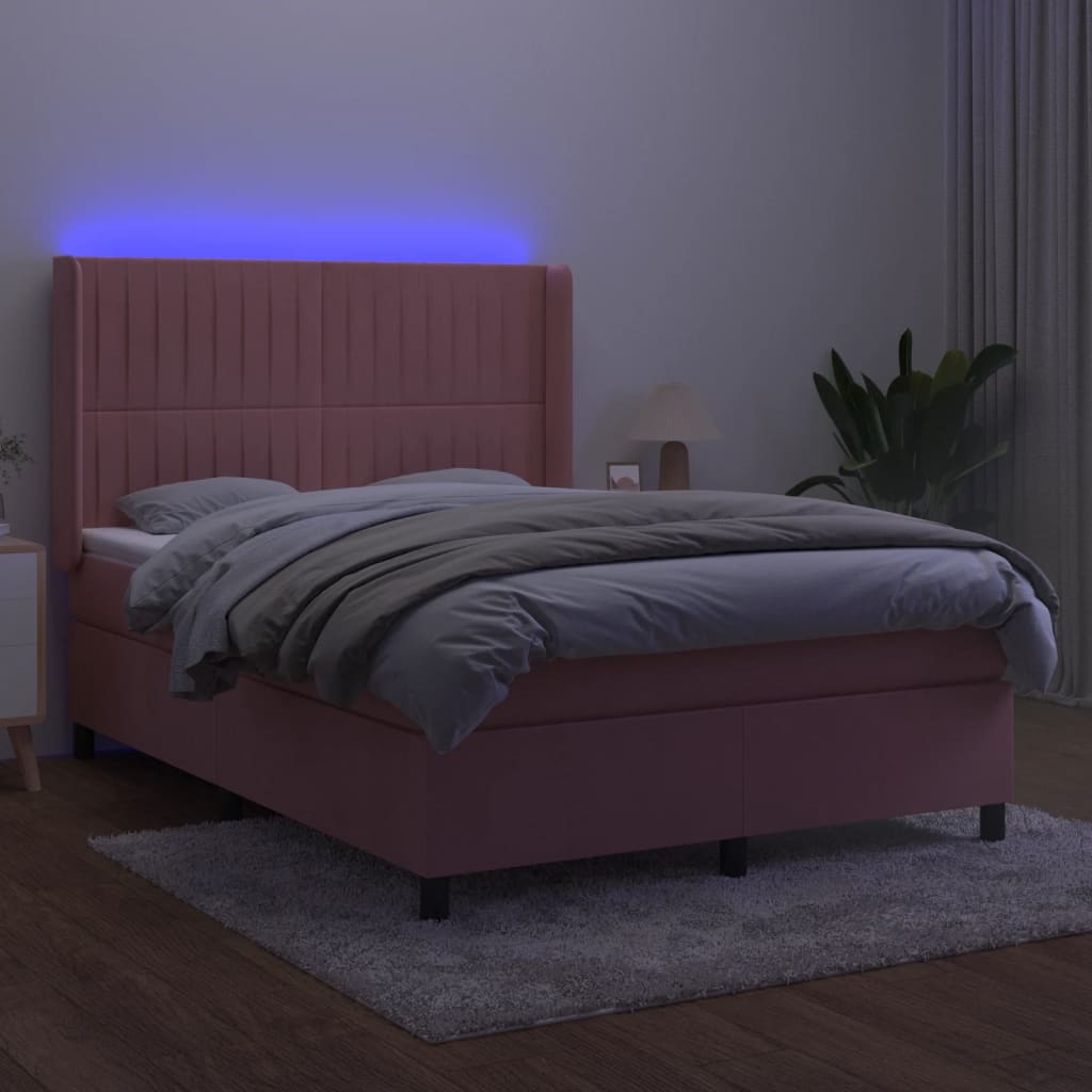 Κρεβάτι Boxspring με Στρώμα & LED Ροζ 140x200 εκ. Βελούδινο
