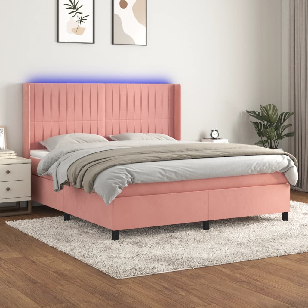 Κρεβάτι Boxspring με Στρώμα & LED Ροζ 160x200 εκ. Βελούδινο