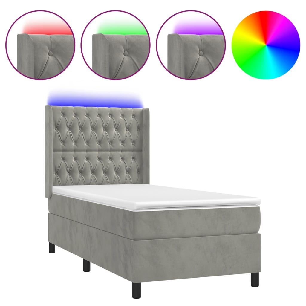 Κρεβάτι Boxspring με Στρώμα & LED Αν.Γκρι 90x190 εκ. Βελούδινο