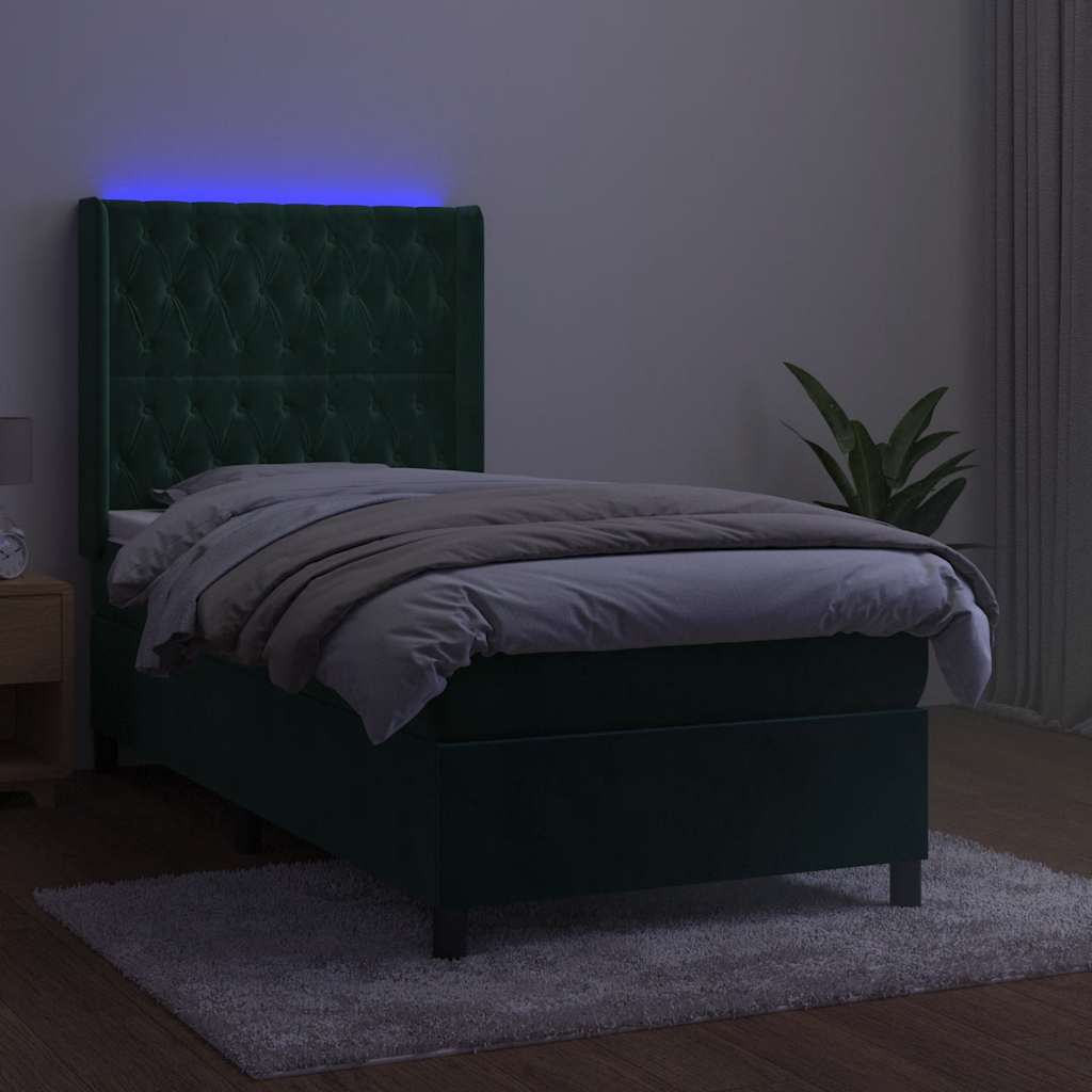 Κρεβάτι Boxspring με Στρώμα & LED Σκ. Πράσινο 90x190 εκ Βελούδο - Pakobazaar