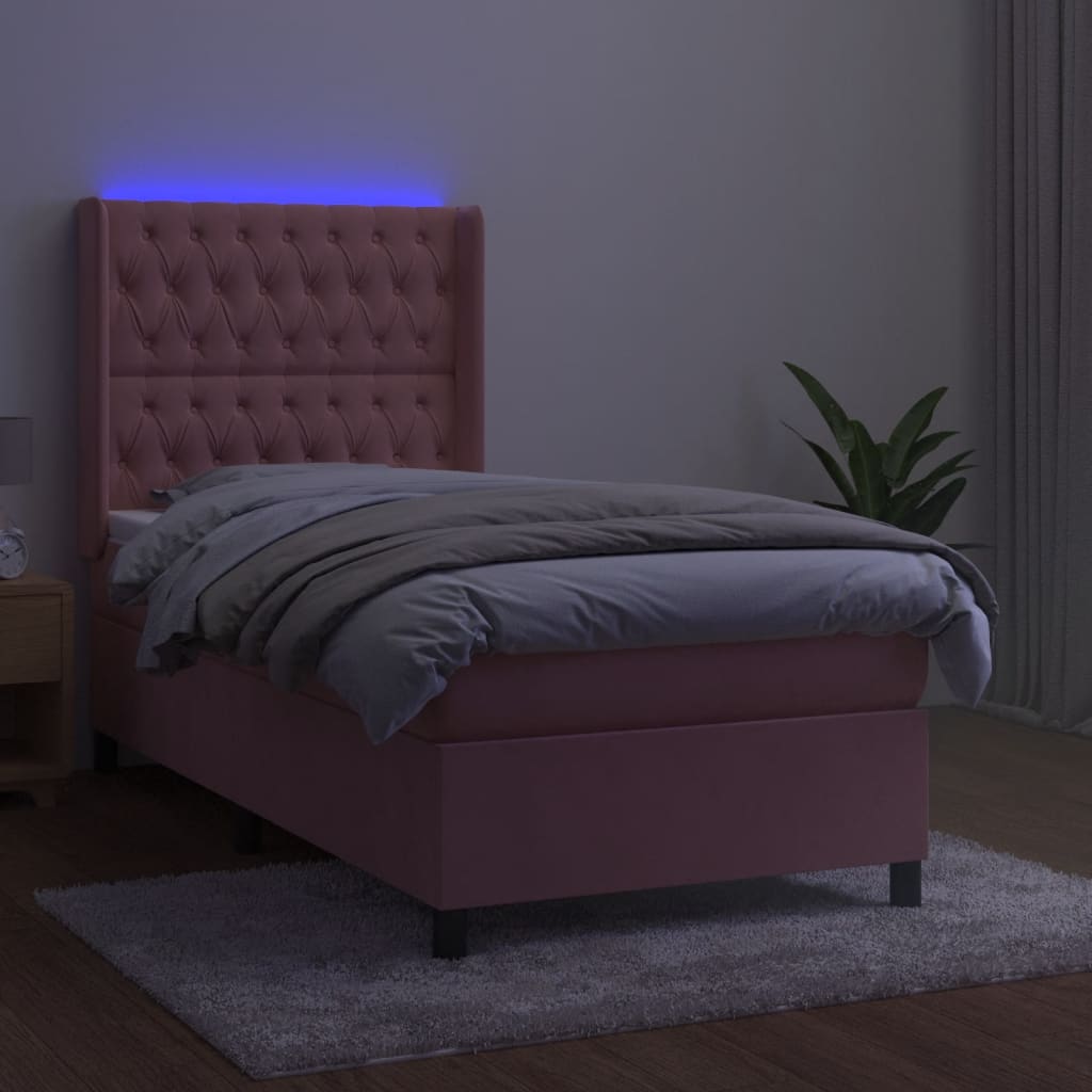 Κρεβάτι Boxspring με Στρώμα & LED Ροζ 90x200 εκ. Βελούδινο