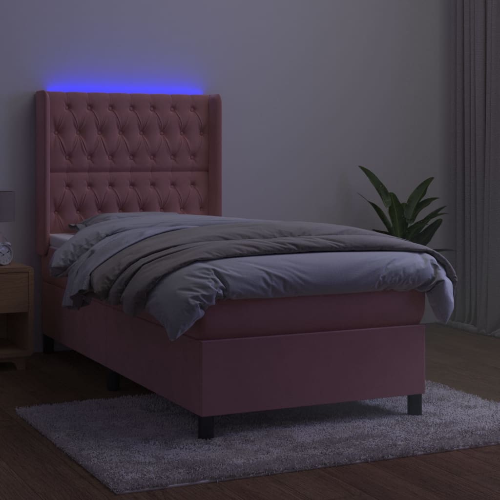 Κρεβάτι Boxspring με Στρώμα & LED Ροζ 100x200 εκ. Βελούδινο