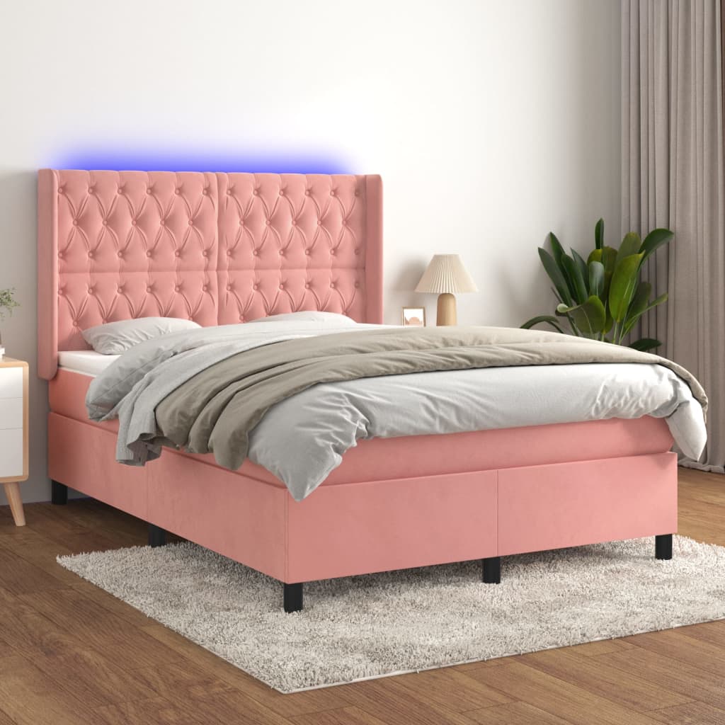 Κρεβάτι Boxspring με Στρώμα & LED Ροζ 140x190 εκ. Βελούδινο - Pakobazaar