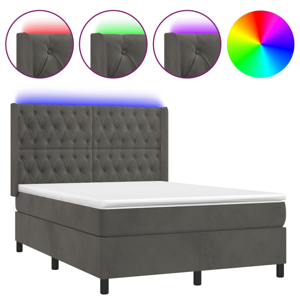 Κρεβάτι Boxspring με Στρώμα & LED Σκ. Γκρι 140x200εκ. Βελούδινο