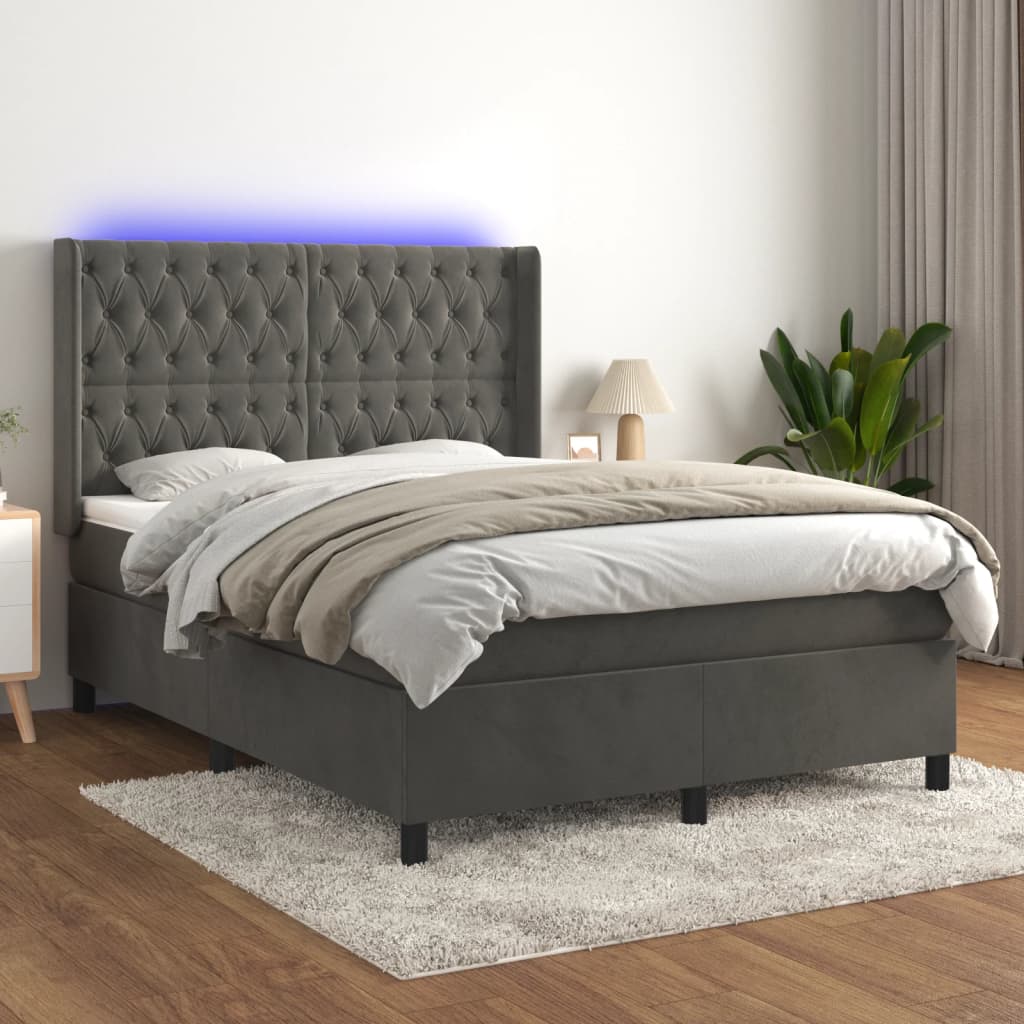 Κρεβάτι Boxspring με Στρώμα & LED Σκ. Γκρι 140x200εκ. Βελούδινο