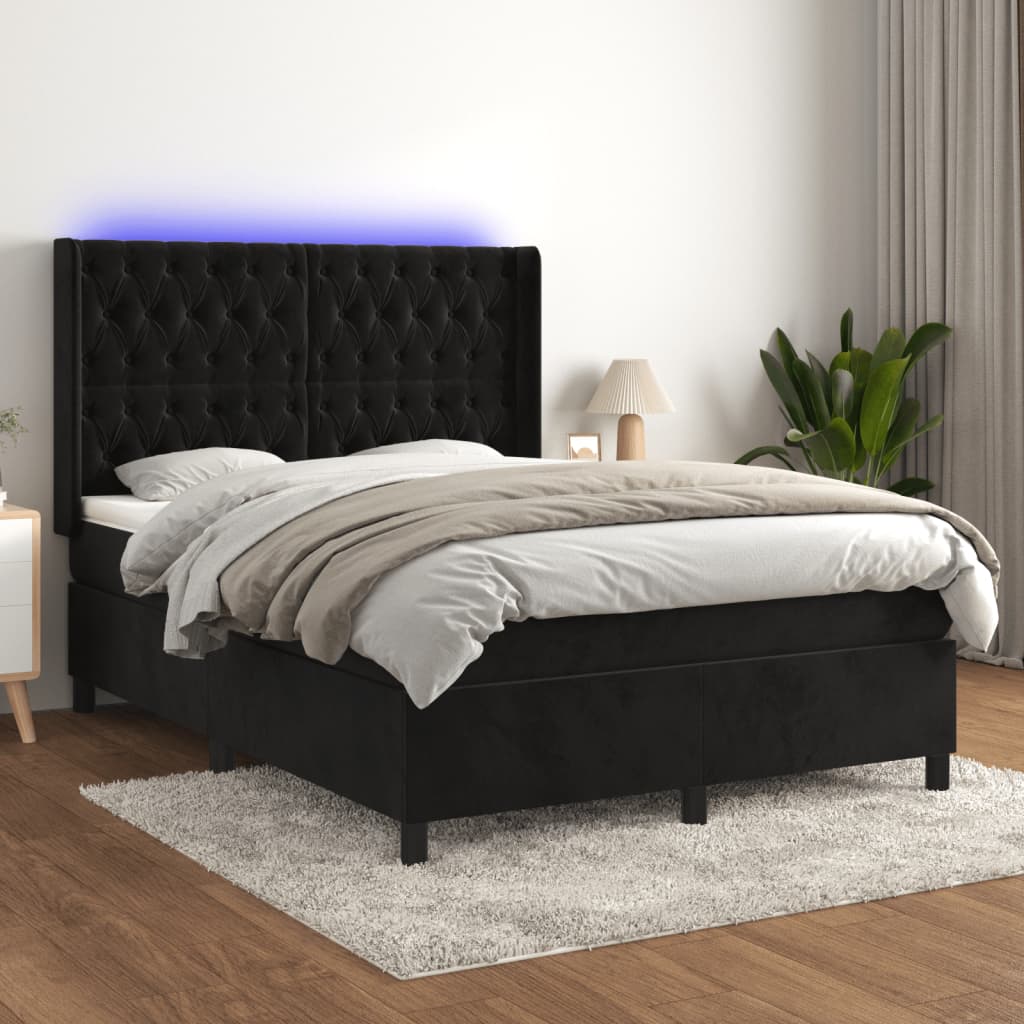 Κρεβάτι Boxspring με Στρώμα & LED Μαύρο 140x200 εκ. Βελούδινο