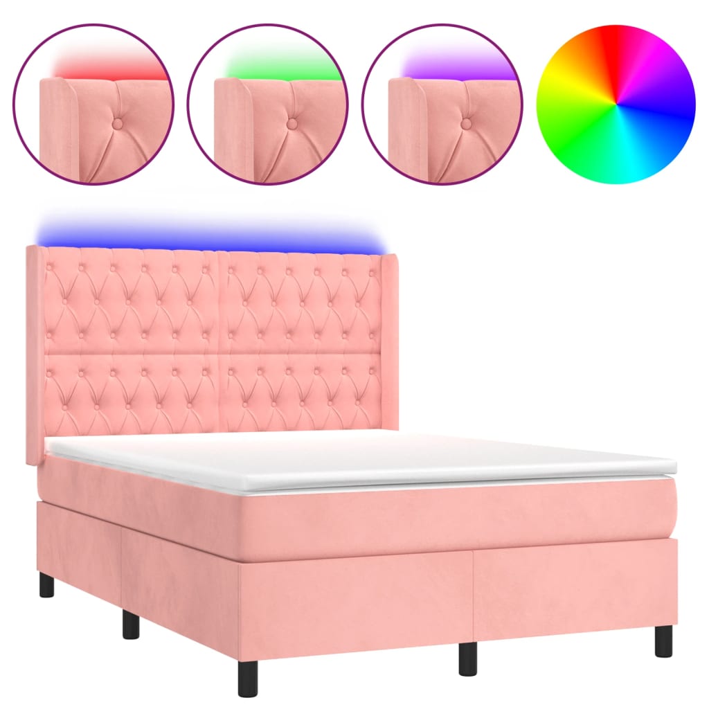 Κρεβάτι Boxspring με Στρώμα & LED Ροζ 140x200 εκ. Βελούδινο - Pakobazaar