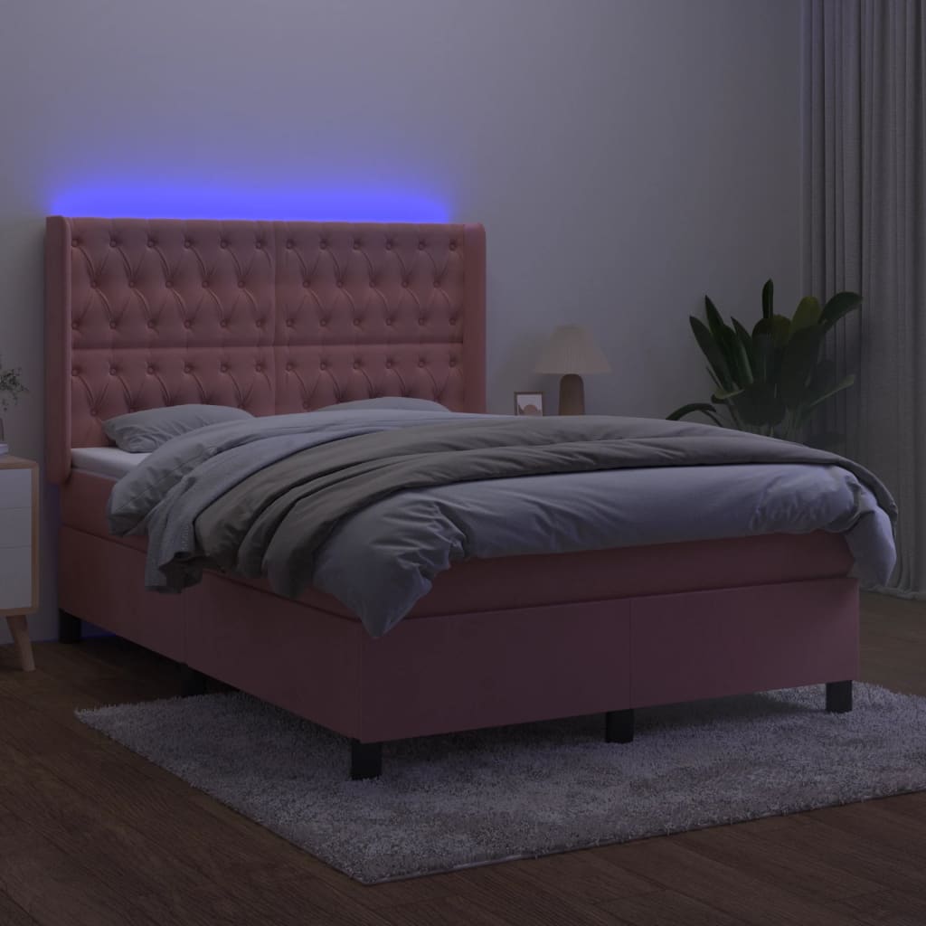 Κρεβάτι Boxspring με Στρώμα & LED Ροζ 140x200 εκ. Βελούδινο - Pakobazaar