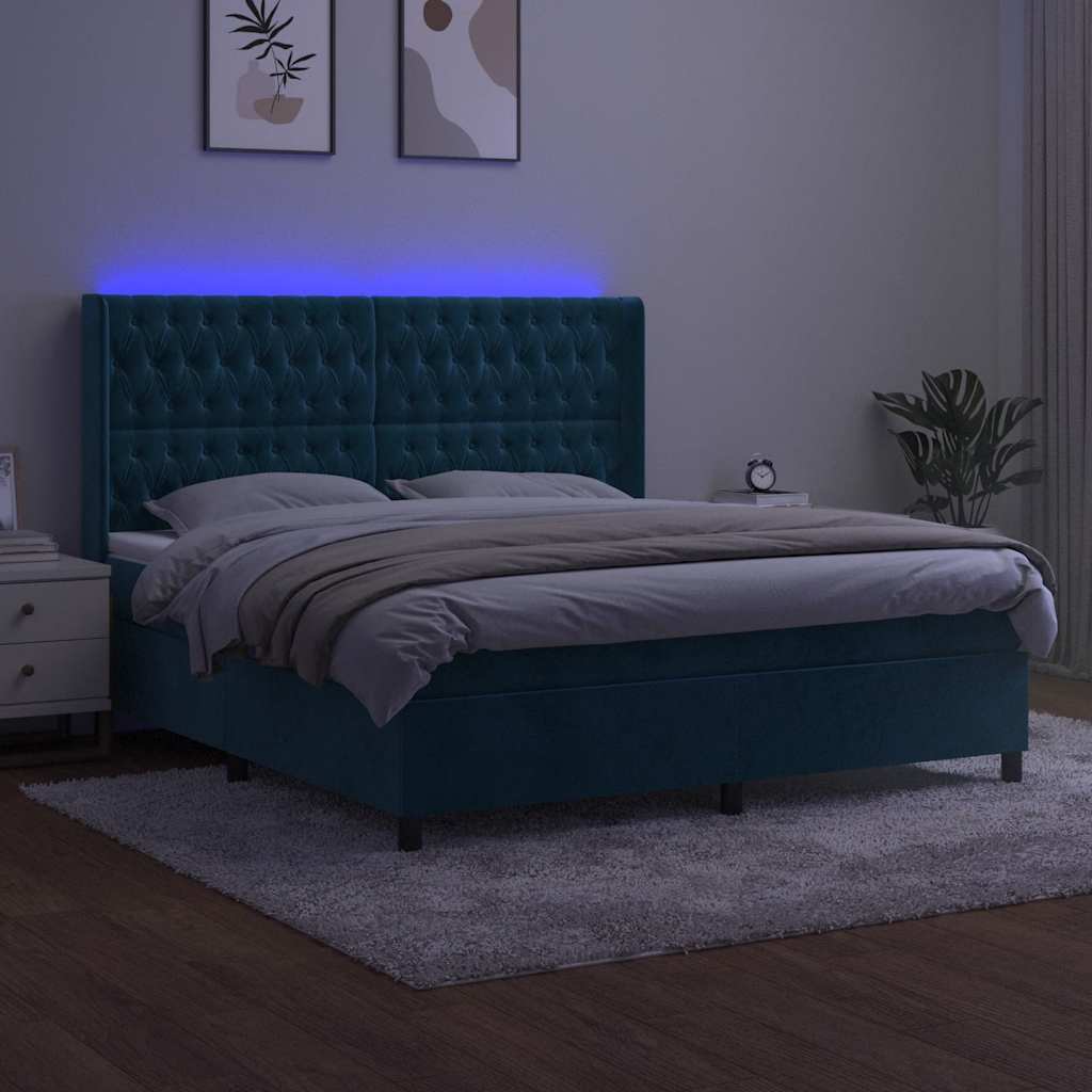 Κρεβάτι Boxspring με Στρώμα & LED Σκ. Μπλε 160x200εκ. Βελούδινο - Pakobazaar