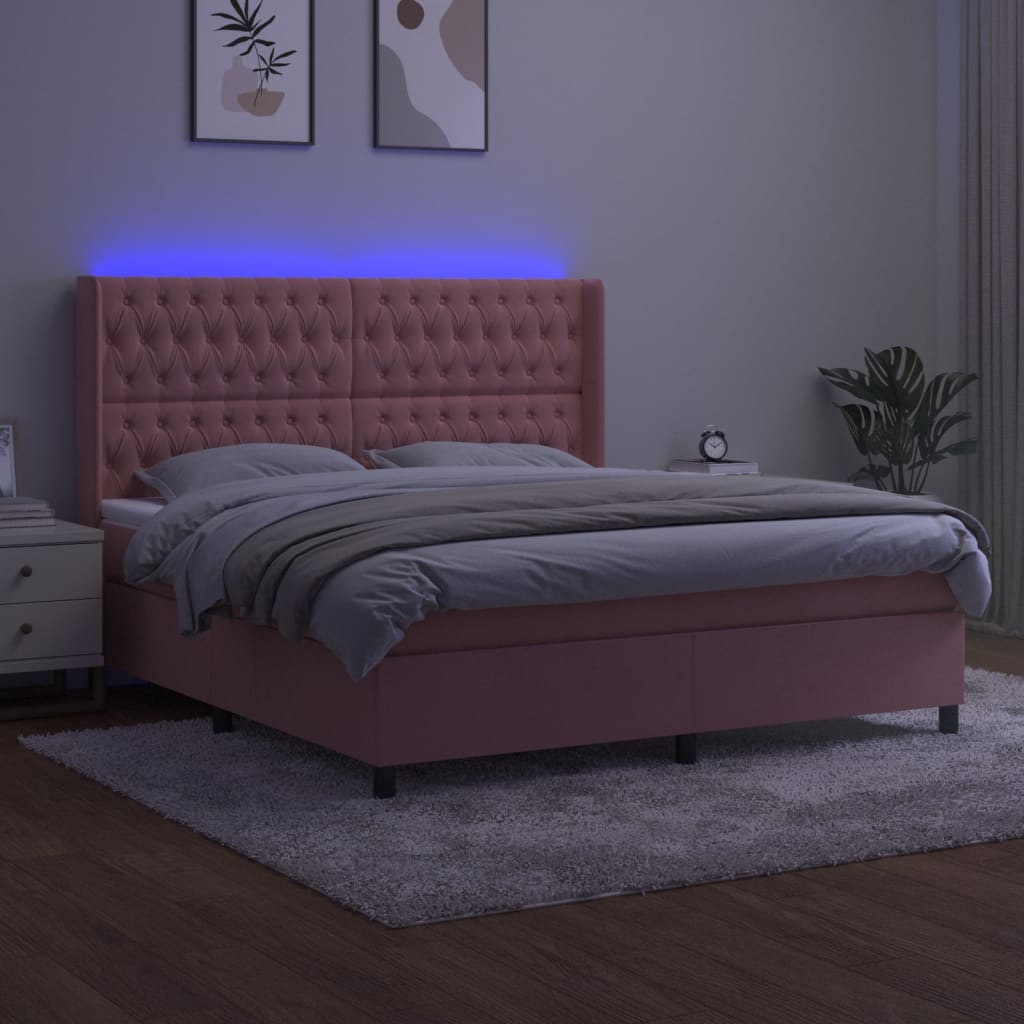 Κρεβάτι Boxspring με Στρώμα & LED Ροζ 160x200 εκ. Βελούδινο