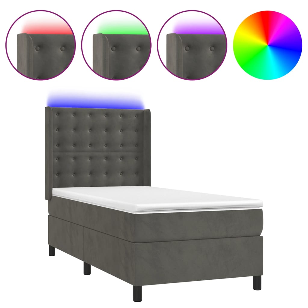 Κρεβάτι Boxspring με Στρώμα & LED Σκ. Γκρι 90x190 εκ. Βελούδινο