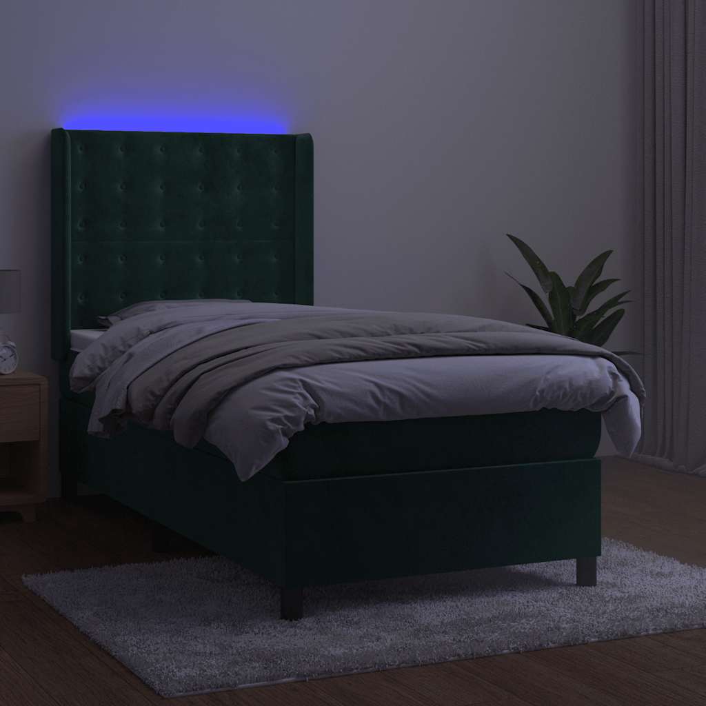 Κρεβάτι Boxspring με Στρώμα & LED Σκ. Πράσινο 90x190 εκ Βελούδο - Pakobazaar