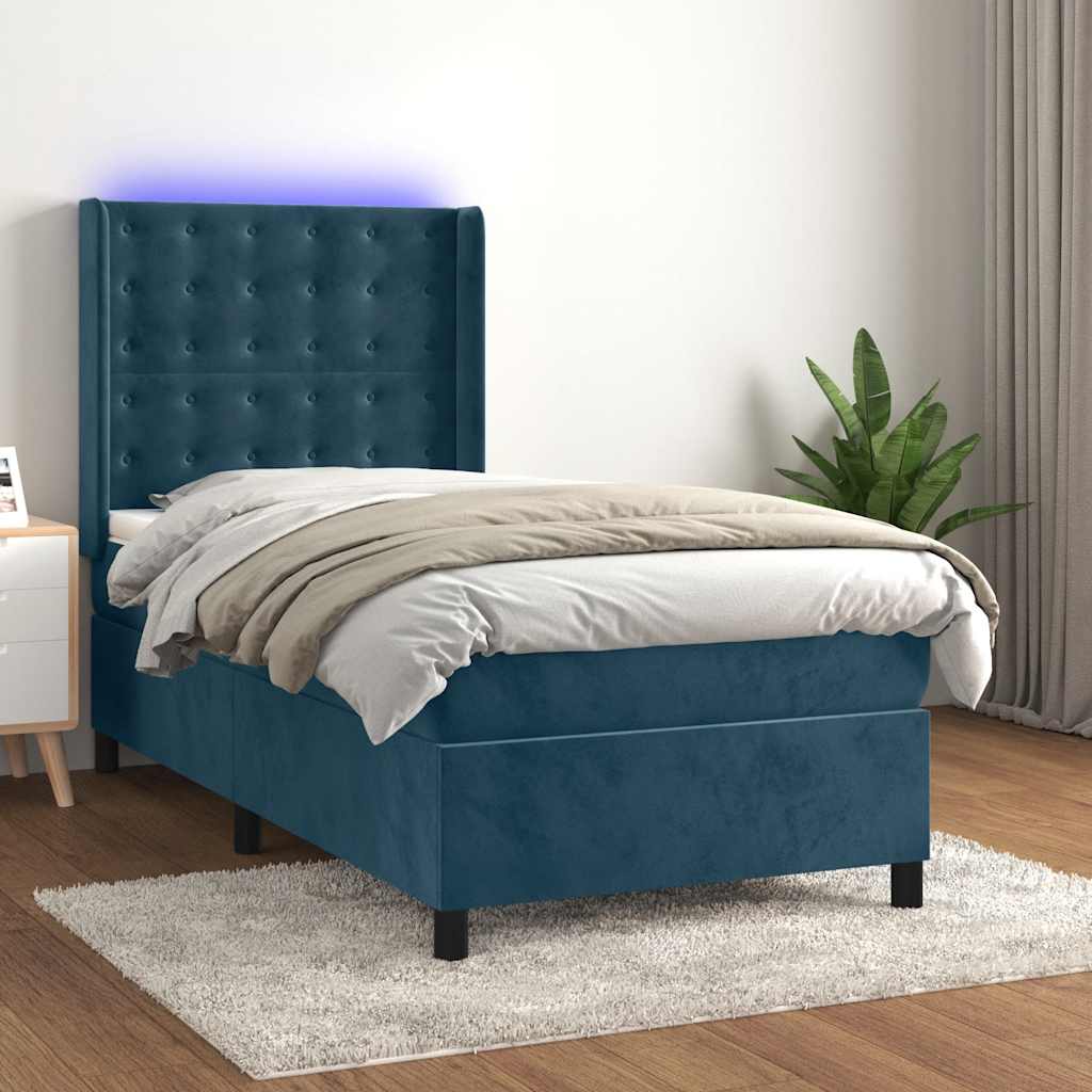 Κρεβάτι Boxspring με Στρώμα & LED Σκ. Μπλε 90x200 εκ. Βελούδινο - Pakobazaar