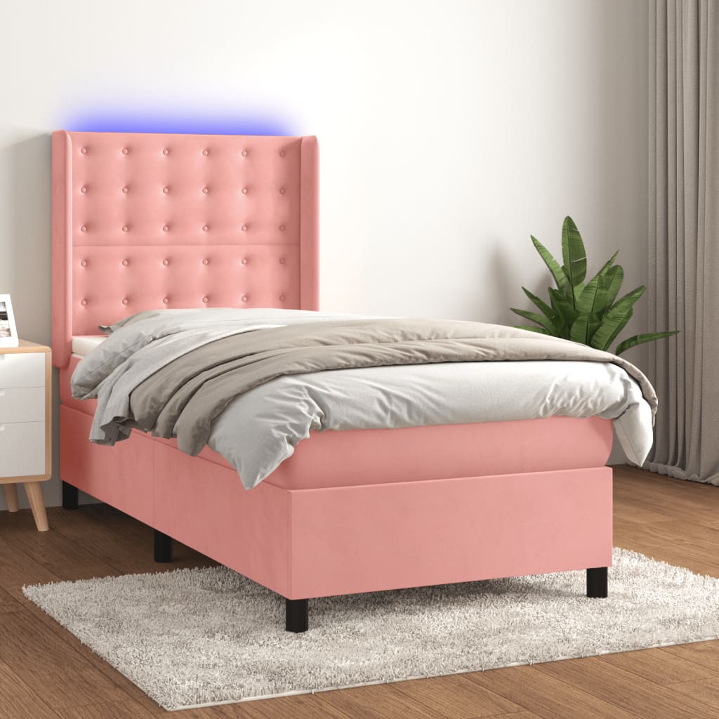 Κρεβάτι Boxspring με Στρώμα & LED Ροζ 90x200 εκ. Βελούδινο