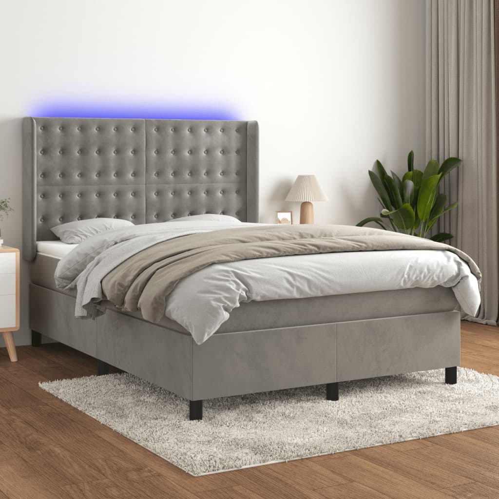 Κρεβάτι Boxspring με Στρώμα&LED Αν. Γκρι 140x190 εκ. Βελούδινο - Pakobazaar