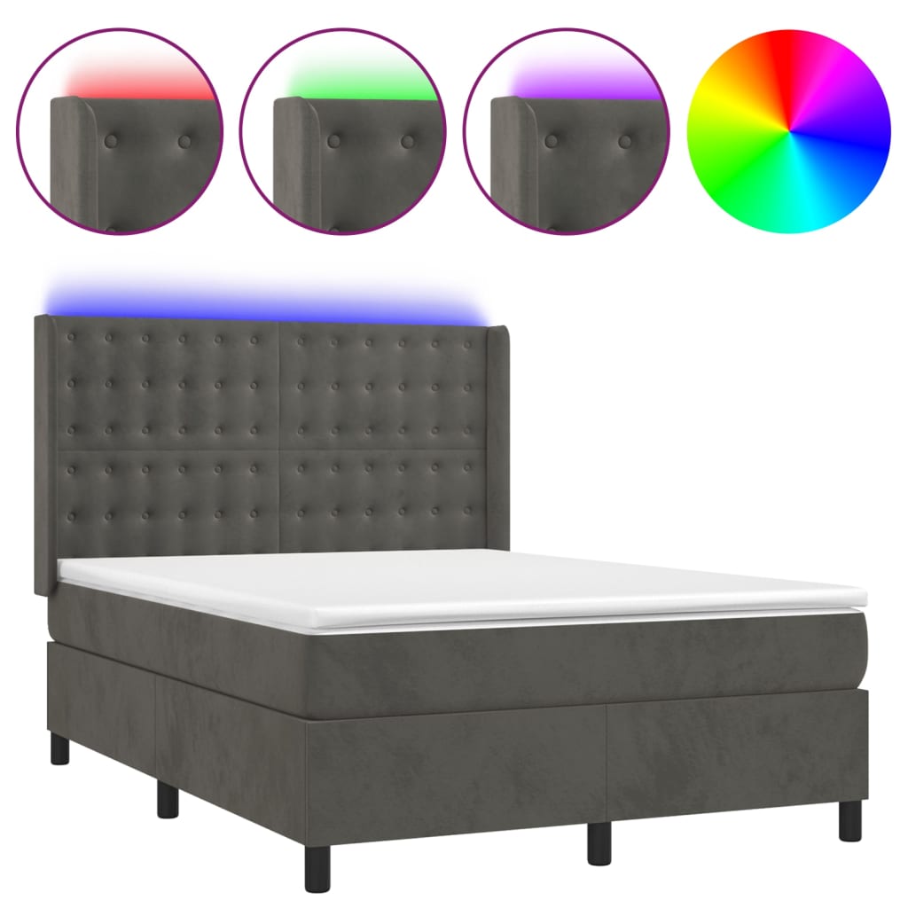 Κρεβάτι Boxspring με Στρώμα & LED Σκ. Γκρι 140x200εκ. Βελούδινο