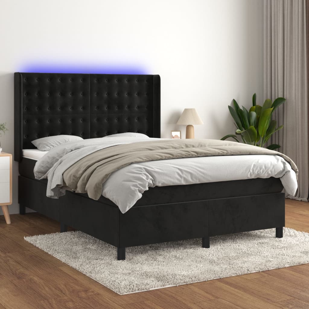 Κρεβάτι Boxspring με Στρώμα & LED Μαύρο 140x200 εκ. Βελούδινο - Pakobazaar