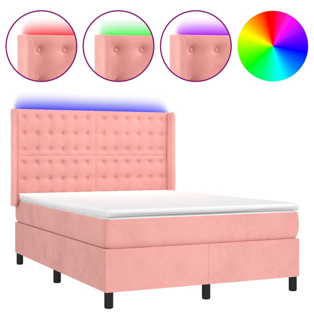 Κρεβάτι Boxspring με Στρώμα & LED Ροζ 140x200 εκ. Βελούδινο