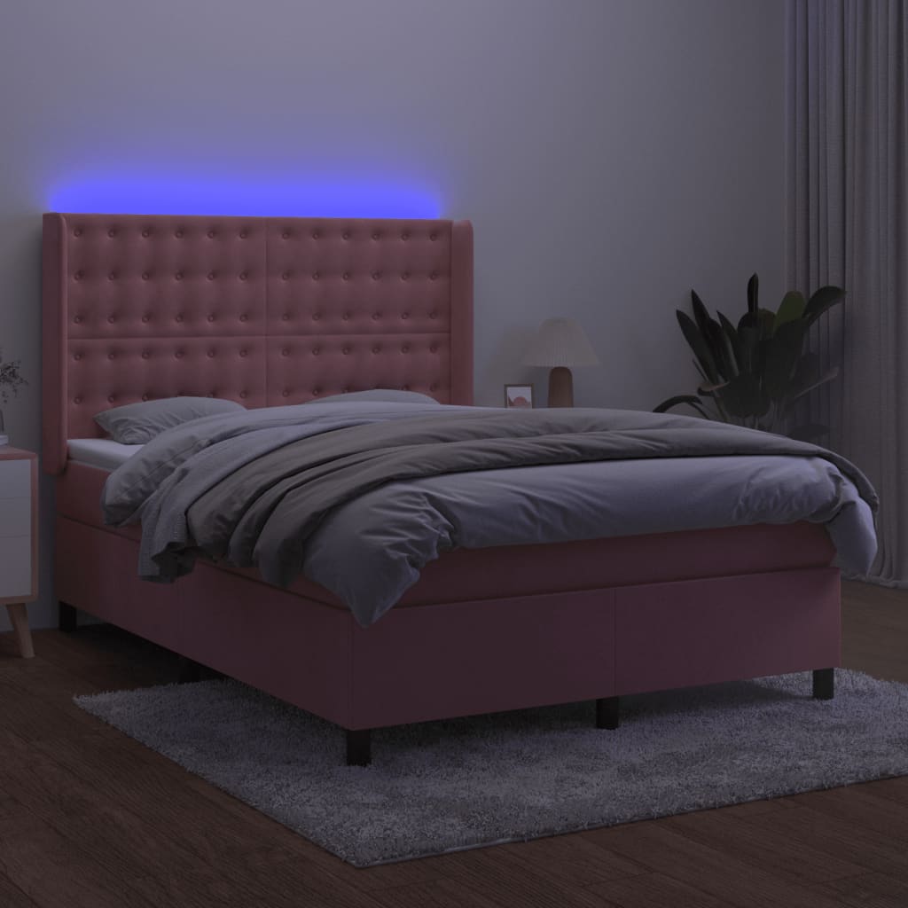 Κρεβάτι Boxspring με Στρώμα & LED Ροζ 140x200 εκ. Βελούδινο