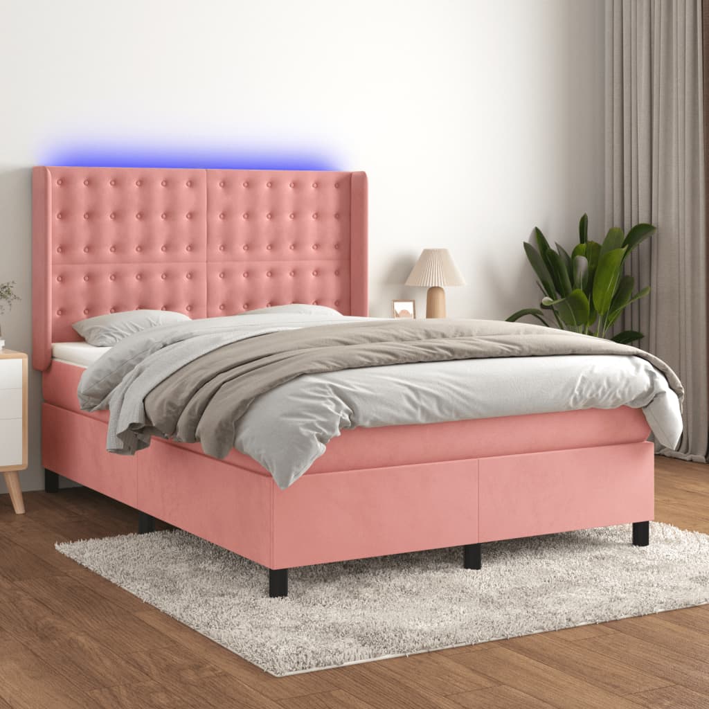 Κρεβάτι Boxspring με Στρώμα & LED Ροζ 140x200 εκ. Βελούδινο