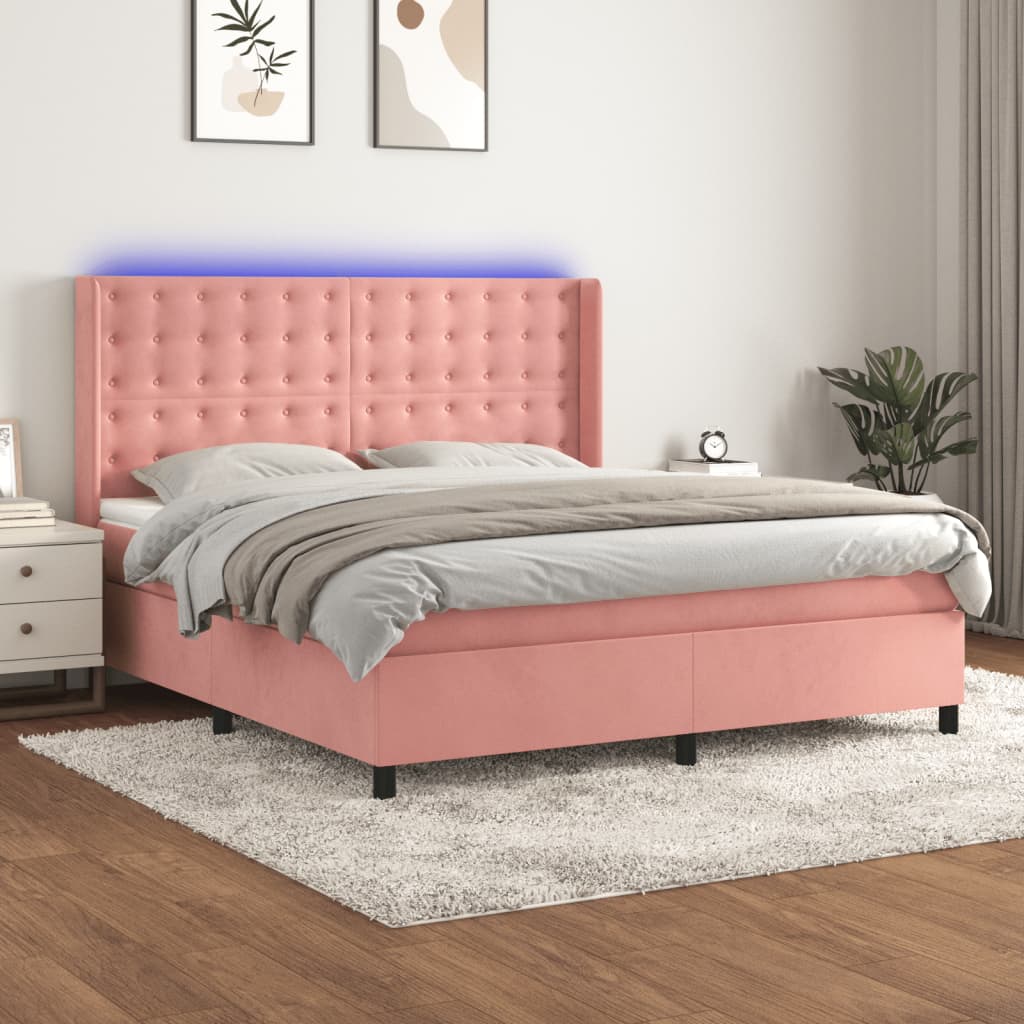 Κρεβάτι Boxspring με Στρώμα & LED Ροζ 180x200 εκ. Βελούδινο