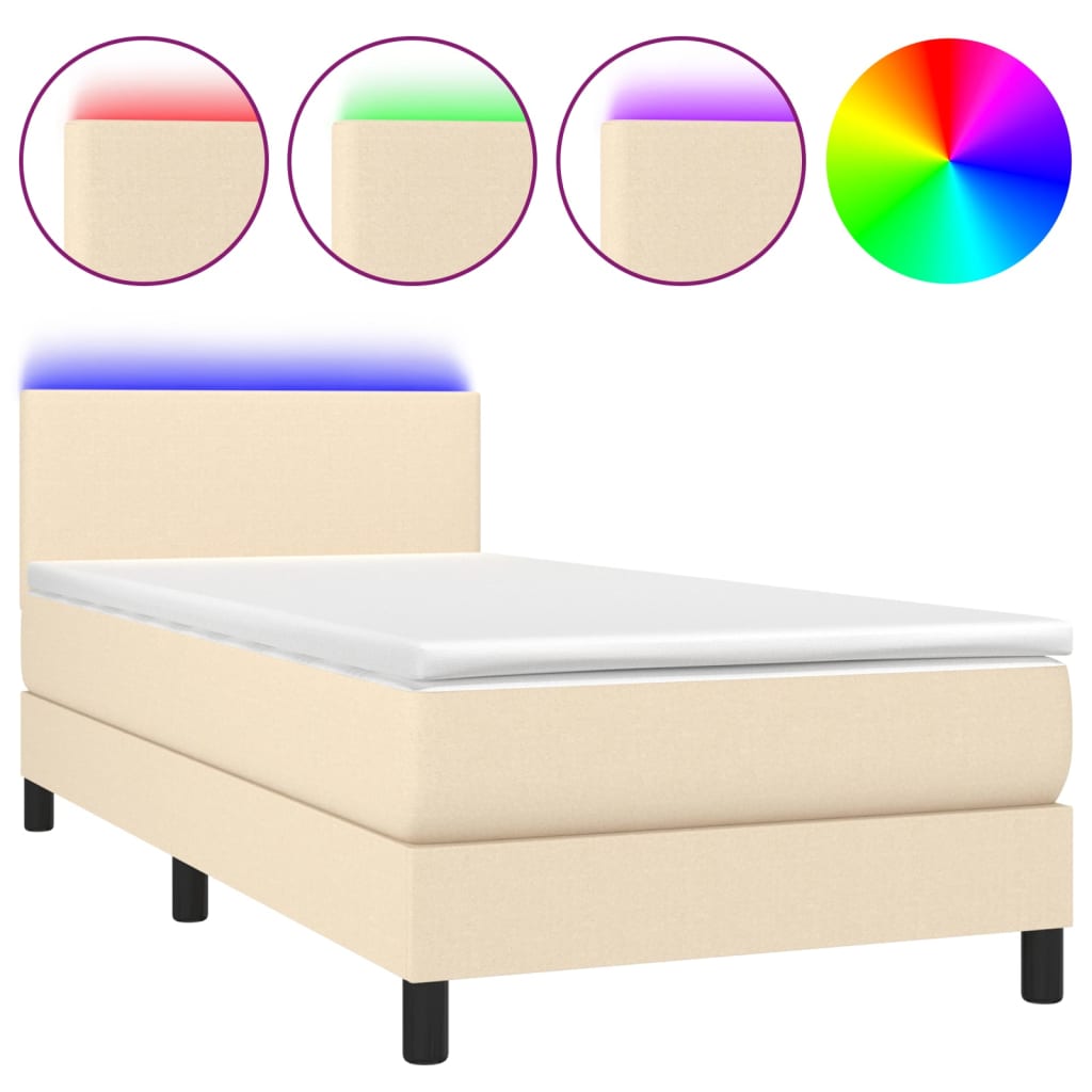 Κρεβάτι Boxspring με Στρώμα & LED Κρεμ 90x200 εκ. Υφασμάτινο