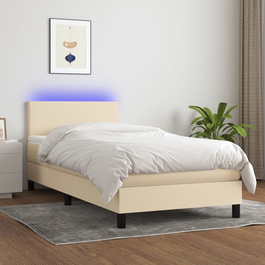 Κρεβάτι Boxspring με Στρώμα & LED Κρεμ 90x200 εκ. Υφασμάτινο