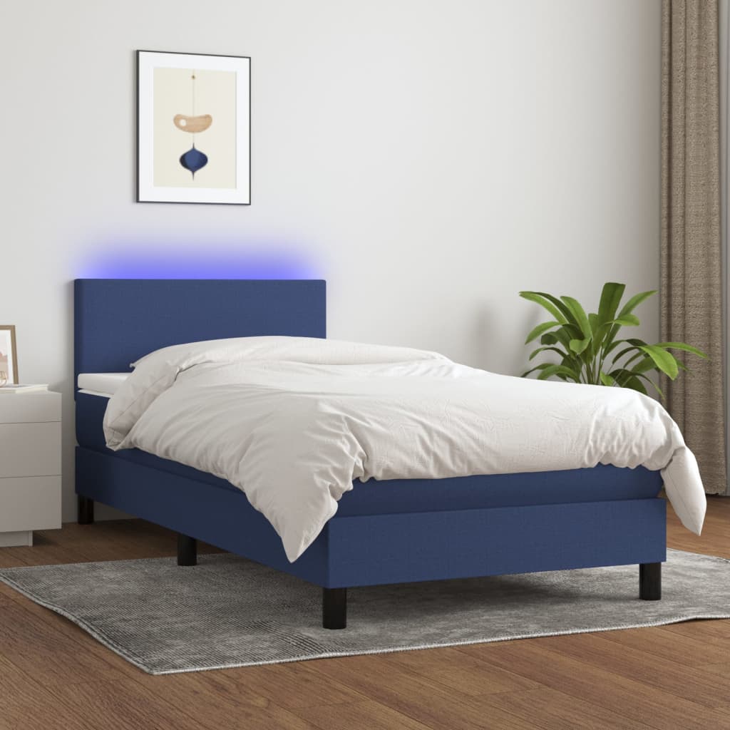 Κρεβάτι Boxspring με Στρώμα & LED Μπλε 90x200 εκ. Υφασμάτινο