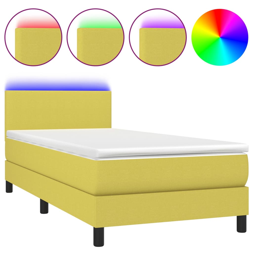 Κρεβάτι Boxspring με Στρώμα & LED Πράσινο 90x200 εκ. Υφασμάτινο - Pakobazaar