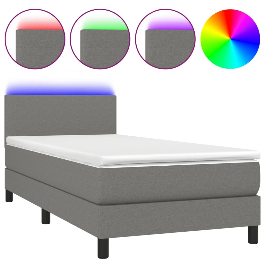 Κρεβάτι Boxspring με Στρώμα & LED Σκ.Γκρι 100x200 εκ Υφασμάτινο