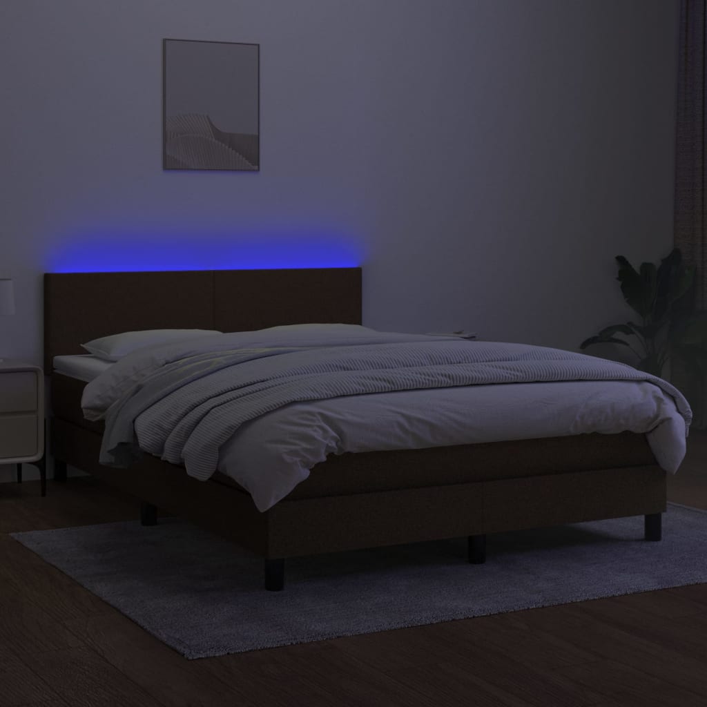 Κρεβάτι Boxspring με Στρώμα & LED Σκ.Καφέ 140x190 εκ Υφασμάτινο