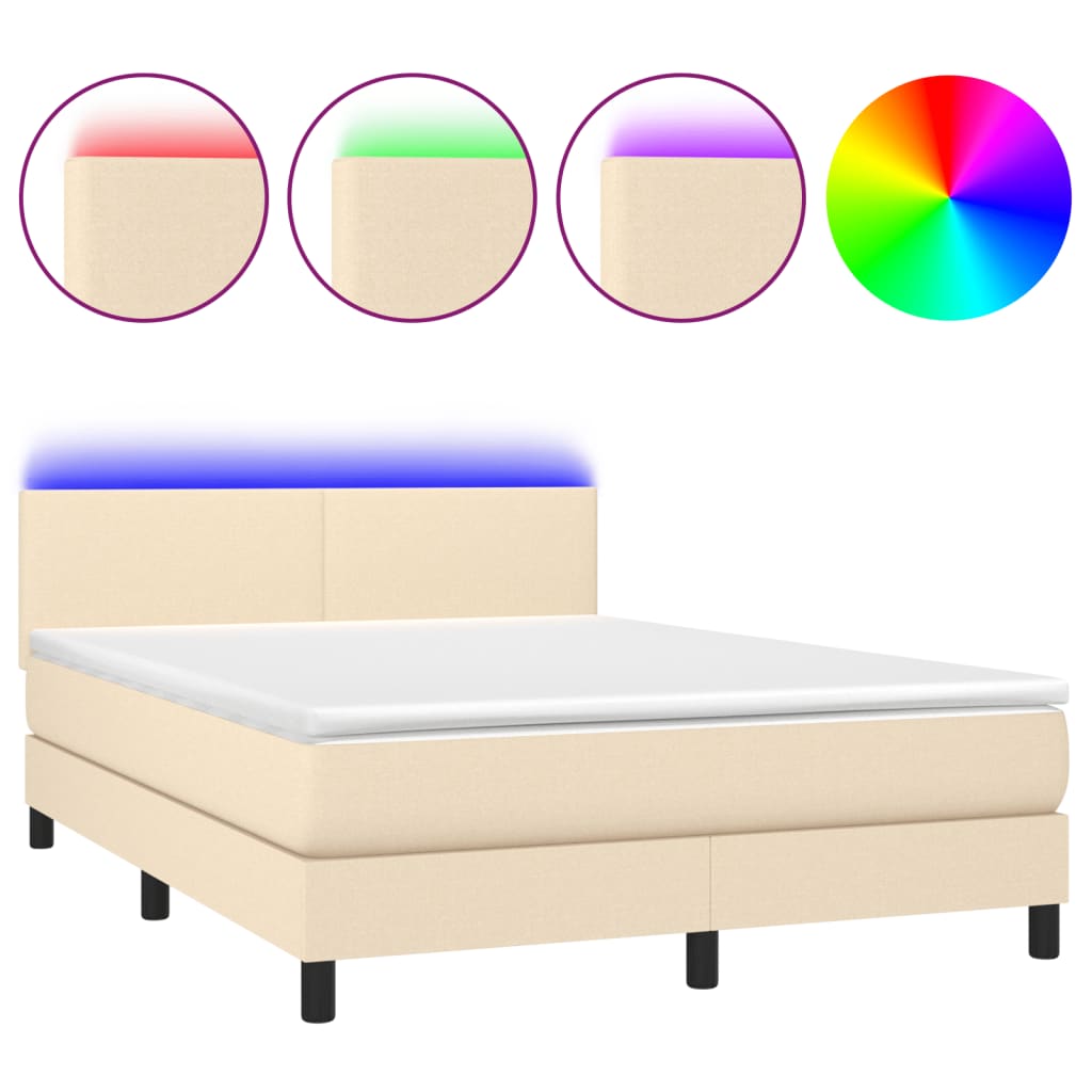 Κρεβάτι Boxspring με Στρώμα & LED Κρεμ 140x190 εκ. Υφασμάτινο - Pakobazaar