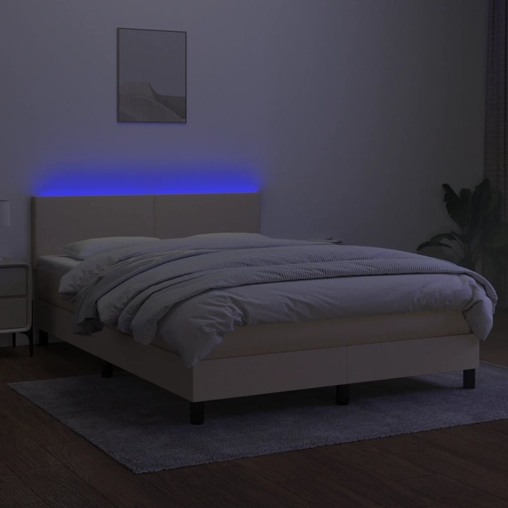 Κρεβάτι Boxspring με Στρώμα & LED Κρεμ 140x190 εκ. Υφασμάτινο - Pakobazaar