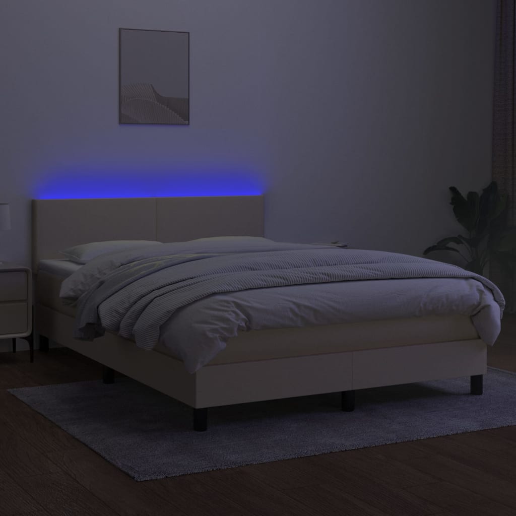 Κρεβάτι Boxspring με Στρώμα & LED Κρεμ 140x200 εκ. Υφασμάτινο