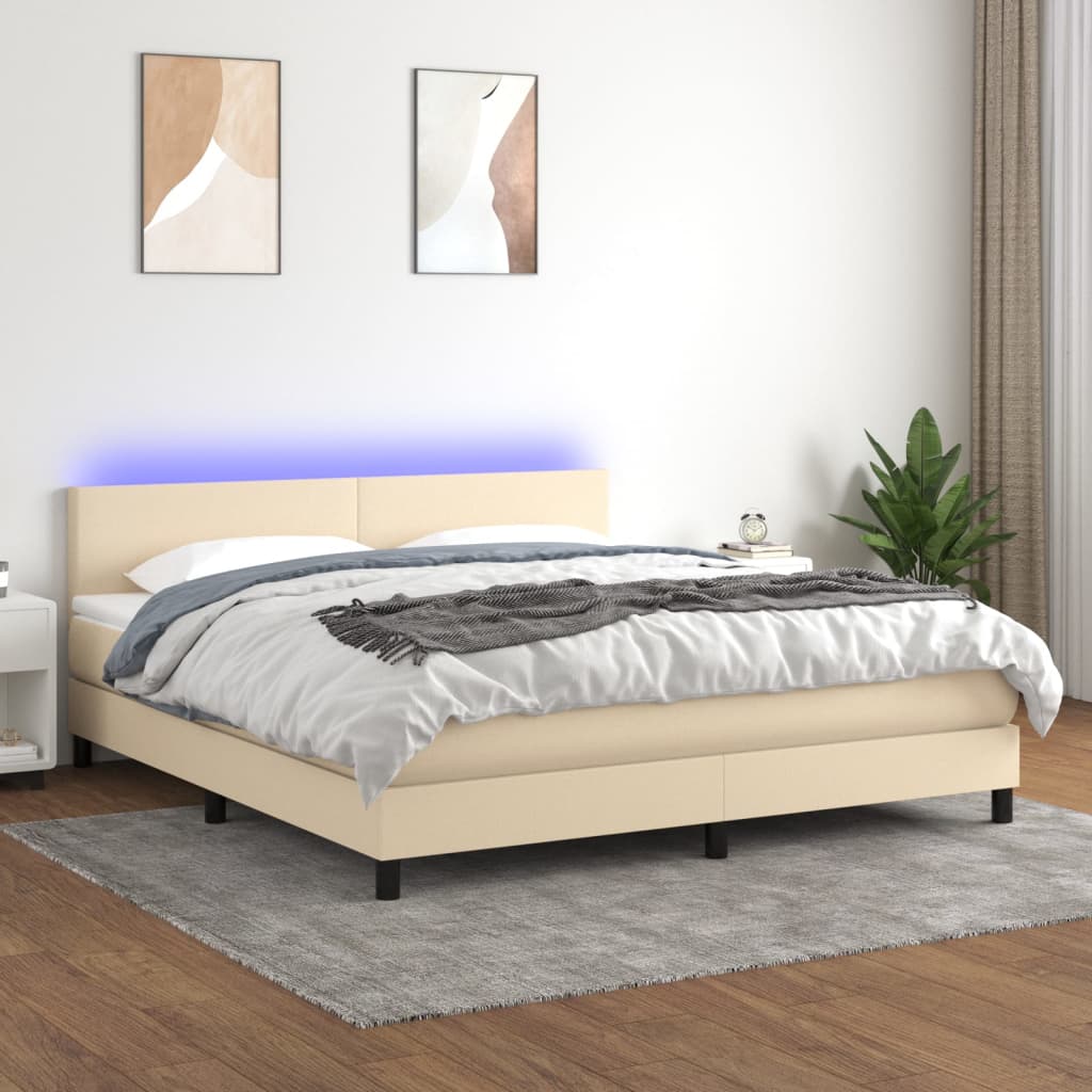Κρεβάτι Boxspring με Στρώμα & LED Κρεμ 160x200 εκ. Υφασμάτινο