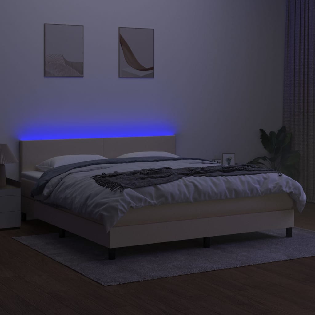 Κρεβάτι Boxspring με Στρώμα & LED Κρεμ 180x200 εκ. Υφασμάτινο