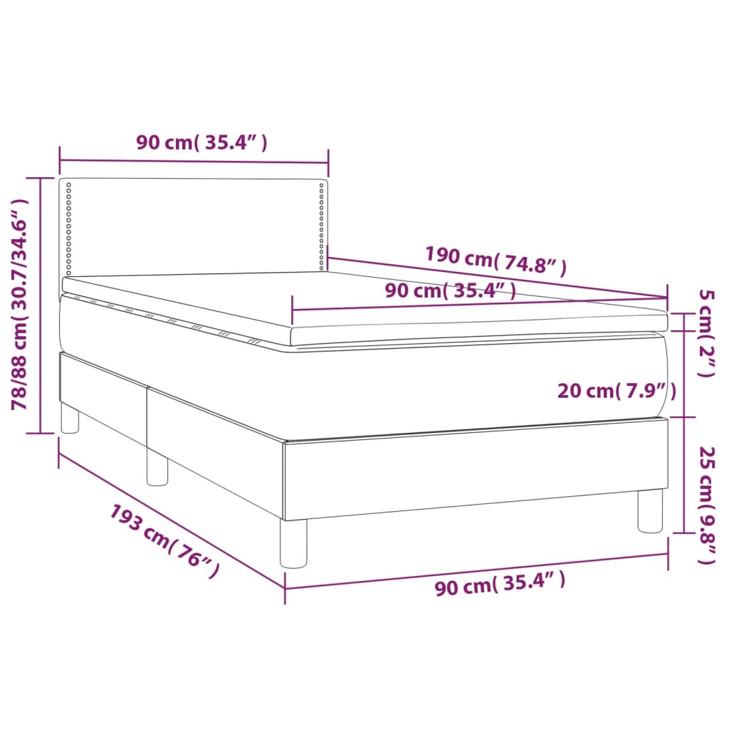 Κρεβάτι Boxspring με Στρώμα & LED Αν.Γκρι 90x190 εκ. Υφασμάτινο