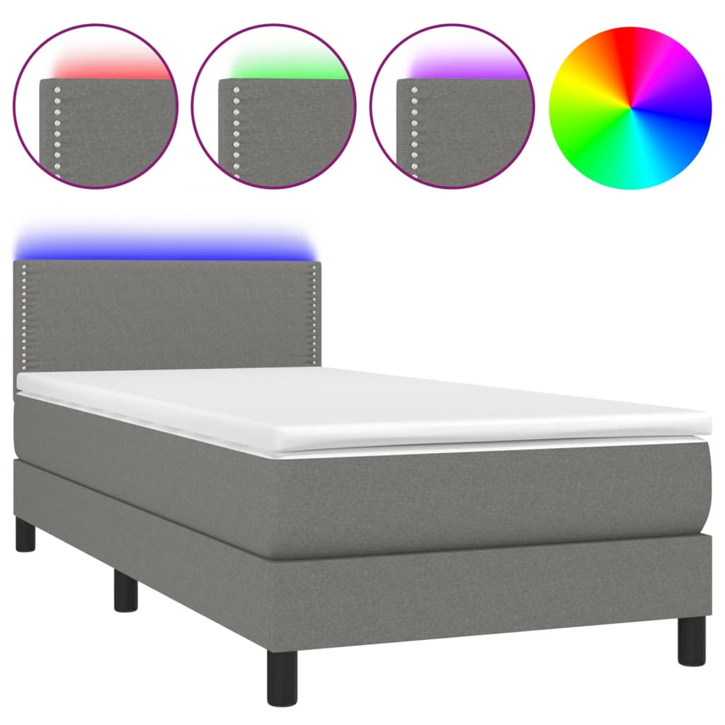 Κρεβάτι Boxspring με Στρώμα & LED Σκ.Γκρι 90x190 εκ. Υφασμάτινο