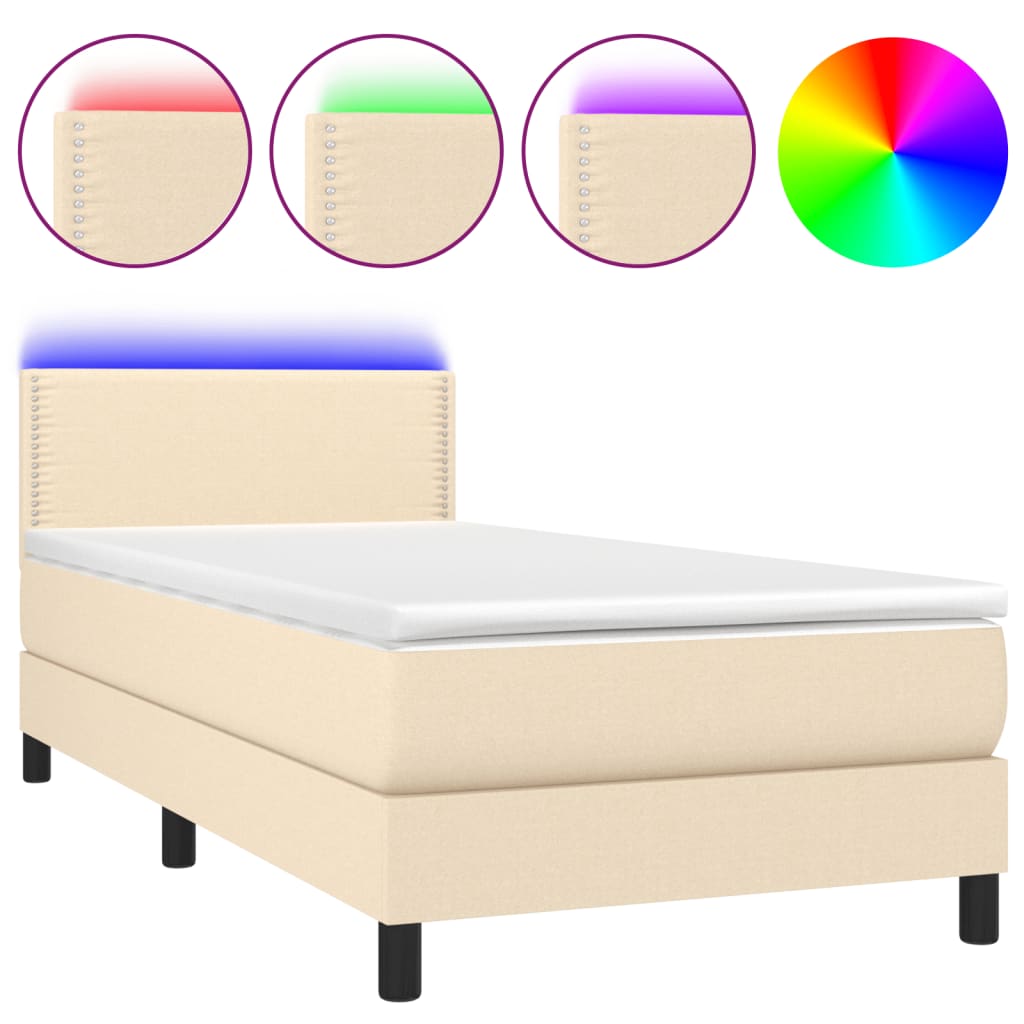 Κρεβάτι Boxspring με Στρώμα & LED Κρεμ 90x190 εκ. Υφασμάτινο