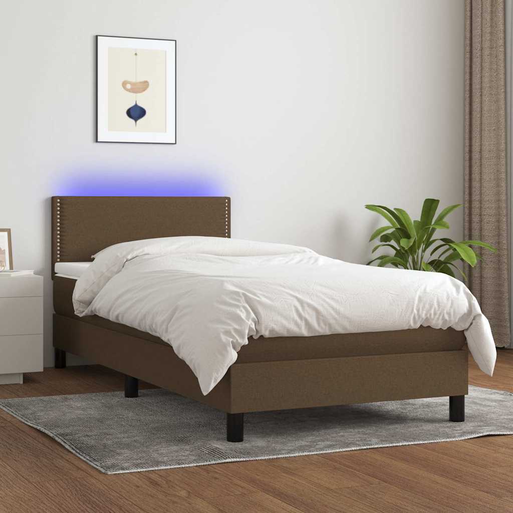 Κρεβάτι Boxspring με Στρώμα & LED Σκ.Καφέ 90x200 εκ. Υφασμάτινο