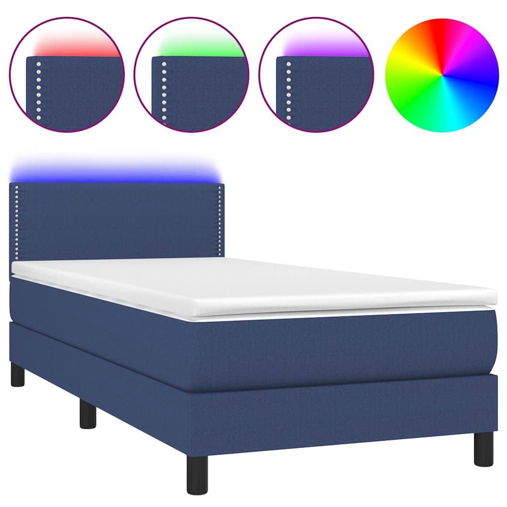 Κρεβάτι Boxspring με Στρώμα & LED Μπλε 90x200 εκ. Υφασμάτινο