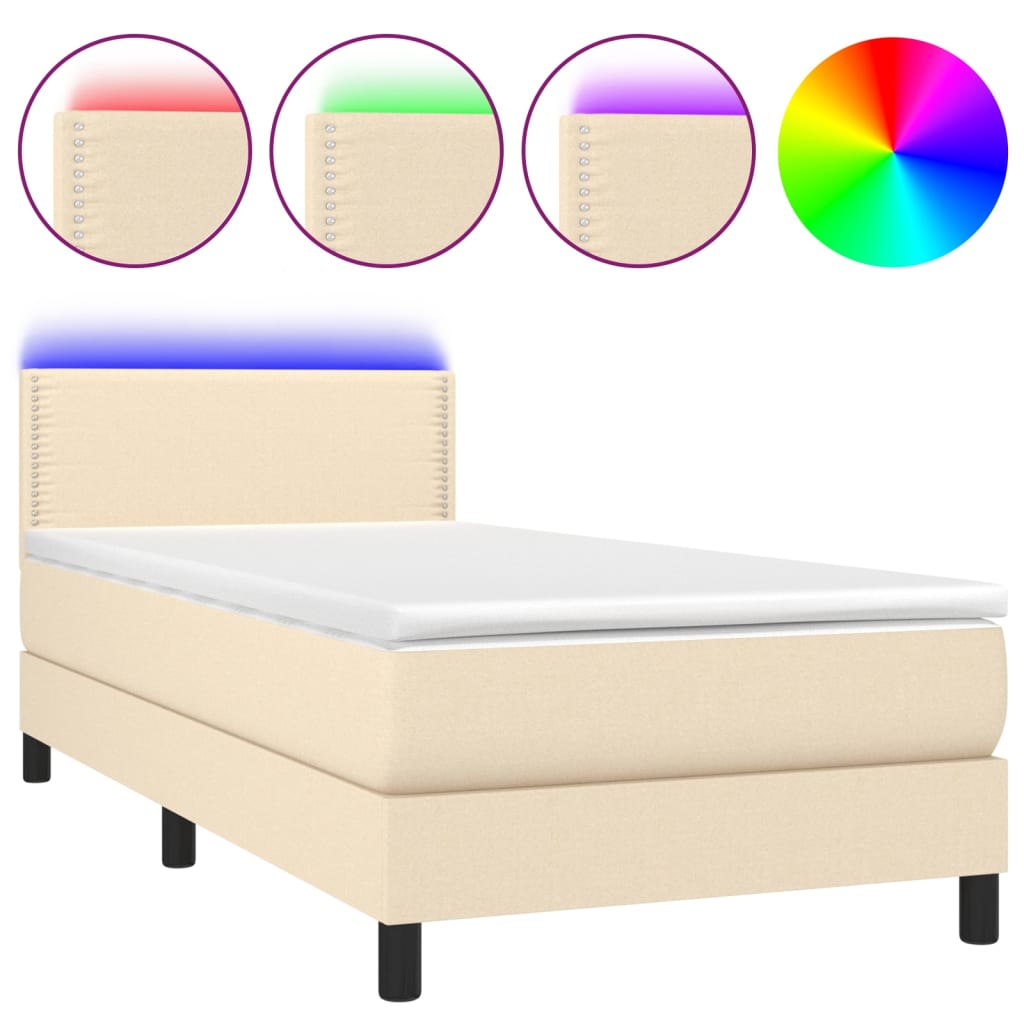 Κρεβάτι Boxspring με Στρώμα & LED Κρεμ 100x200 εκ. Υφασμάτινο